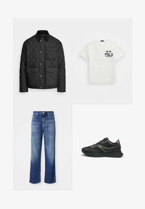 Musta tikattu takki, jossa on samettikaulus, kultaiset napit, kaksi etutaskua ja tasku vasemmalla puolella, jossa on logopatch.; Valkoinen puuvillapaita, jossa on pyöreä kaula-aukko. Paidassa on musta "Polo Motorsport" -logo ja ristikkäiset ruutuliput vasemmassa rinnassa.; Farklı detaylarla hafifçe solmuş, yüksek bel düz paça mavi kot pantolon, beyaz bir arka planda sergileniyor. Altın düğmeli kapanış.; Mustat lenkkarit kultaisilla yksityiskohdilla, joissa on sileä synteettinen päällinen, karkea pinta, pyöreä kärki ja kumipohja, joka tarjoaa hyvän pidon.