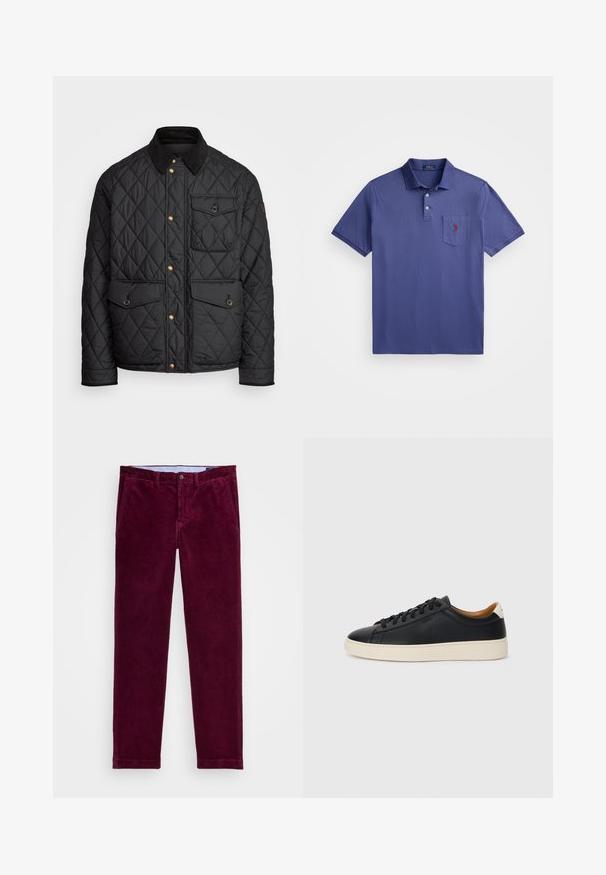Juodas margintas paltas su kanapių apykakle, auksiniais spaudžiamais mygtukais, dviem priekinių didelėms kišenėms ir kišene kairėje pusėje, su logotipo etikete.; Violetinio polo marškinėlių, pagamintų iš medvilnės, su trimis mygtukais, trumpomis rankovėmis ir krūtinės kišenėle su raudonos spalvos logotipo siuvinėjimu.; Polo Ralph Lauren STRETCH STRAIGHT FIT CORDUROY TROUSER - Kelnės - ruby; Juodos odinės sportbačiai su lygiu paviršiumi, smėlio spalvos guminis padas, raišteliais užsegama konstrukcija ir kontrastingas kulno akcentas.
