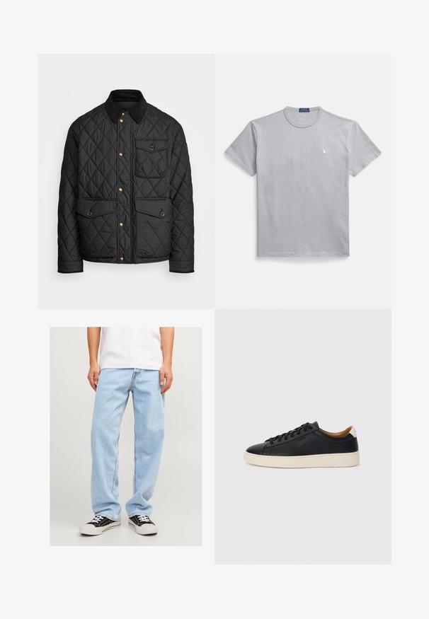 Černá prošívaná bunda s kordovým límcem, zlatými patentkami, dvěma předními kapsami a jednou kapsou na levé straně, která obsahuje nášivku s logem.; Šedé bavlněné tričko s kulatým výstřihem, krátkými rukávy a malým bílým logem na levé straně hrudi. Hladká struktura a volný střih.; Světle modré džíny s uvolněným střihem, s rovnými nohavicemi a standardním šitím, spárované s černými teniskami.; Černé kožené tenisky s hladkým povrchem, béžovou gumovou podešví, šněrovacím designem a kontrastním akcentem na patě.