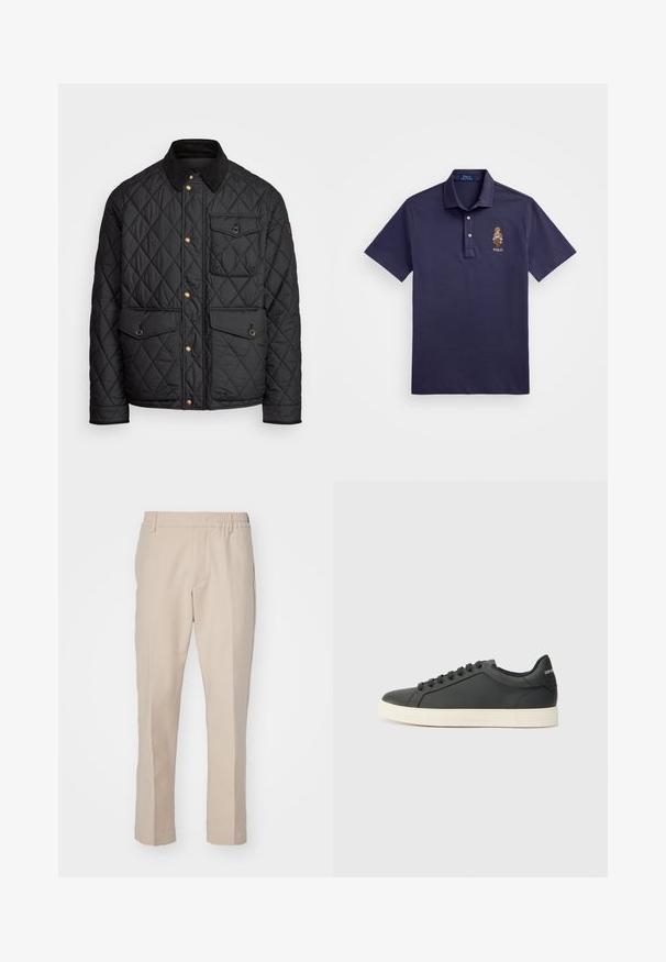 Melnā quiltota jaka ar velveteena apkakli, zeltītām spiedpogas, divām priekšējām kabatām un kabatu kreisajā pusē, ar logotipa uzlīmi.; Polo Ralph Lauren CUSTOM SLIM POLO BEAR MESH POLO SHIRT - Polo krekls - faded blue bear; Bēgi bikses ar gludu tekstūru, taisnu griezumu un elastīgu jostasvietu. Iekļautas sānu kabatas un neitrāla krāsa, kas piemērota daudzveidīgiem tērpiem.; Melna ādas kedas ar zemu profilu, noapaļotu purngalu un savelkamu aizdari; ar teksturētu gumijas zoli un logotipa detaļu uz papēža.