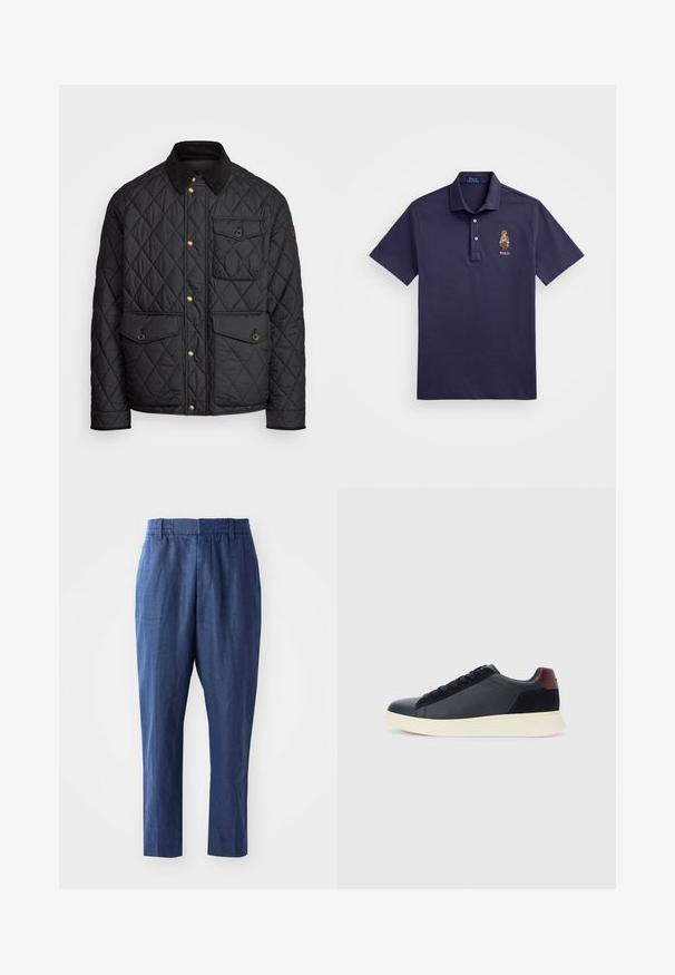 Casaco acolchoado preto com colarinho de veludo cotelê, botões de pressão dourados, dois bolsos frontais e um bolso no lado esquerdo, apresentando um patch de logotipo.; Polo Ralph Lauren CUSTOM SLIM POLO BEAR MESH POLO SHIRT - Polo - faded blue bear; Calças de linho azul marinho com um corte confortável, cintura elástica e pernas ajustadas. Apresenta uma textura suave e detalhes de costura mínimos.; Sapatilha baixa masculina em couro preto e camurça com aba de calcanhar em amarelo-escuro e sola de borracha branca, vista do lado exterior.