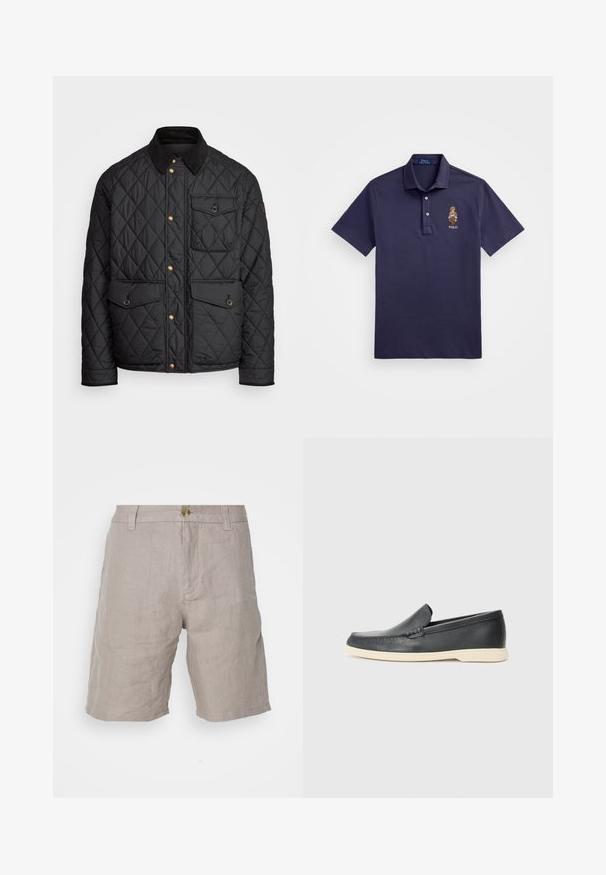 Čierna prešívaná bunda s kordovým golierom, zlatými cvokovými gombíkmi, dvoma prednými vreckami a vreckom na ľavej strane, so záplatou loga.; Polo Ralph Lauren CUSTOM SLIM POLO BEAR MESH POLO SHIRT - Polokošeľa - faded blue bear; Béžové ľanové šortky s voľným strihom, so zapínaním na gombík, pútkami na opasok a hladkou textúrou. Bez viditeľných vzorov alebo akcentov.; Čierne kožené slip-on mokasíny s textúrovaným povrchom a kontrastnou béžovou gumovou podrážkou. Obsahujú jemný akcent pozdĺž prednej časti.