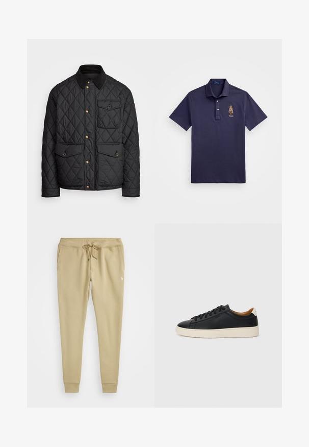 Casaco acolchoado preto com colarinho de veludo cotelê, botões de pressão dourados, dois bolsos frontais e um bolso no lado esquerdo, apresentando um patch de logotipo.; Polo Ralph Lauren CUSTOM SLIM POLO BEAR MESH POLO SHIRT - Polo - faded blue bear; Polo Ralph Lauren JOGGER PANT - Calças de fato de treino - classic khaki; Tenis de couro preto com uma textura suave, sola de borracha bege, design de atar e um destaque no calcanhar em contraste.