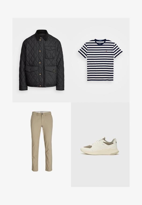 Schwarze gesteppte Jacke mit einem Cordkragen, goldenen Druckknöpfen, zwei Fronttaschen und einer Tasche auf der linken Seite, die ein Logopatch aufweist.; Navy und weiß gestreiftes kurzärmliges T-Shirt aus Baumwolle, mit Rundhalsausschnitt und einem kleinen roten gestickten Logo auf der Brust.; Beige Baumwollhose mit Slim-Fit, ausgestattet mit einem Reißverschluss, Knopfverschluss und vier Taschen. Glatte Textur, keine Muster oder Akzente.; Weiße und hellbeige Sport Sneakers, ausgestattet mit einem Obermaterial aus Netzgewebe, perforierten Details und einer strukturierten Zwischensohle mit Branding an der Ferse.