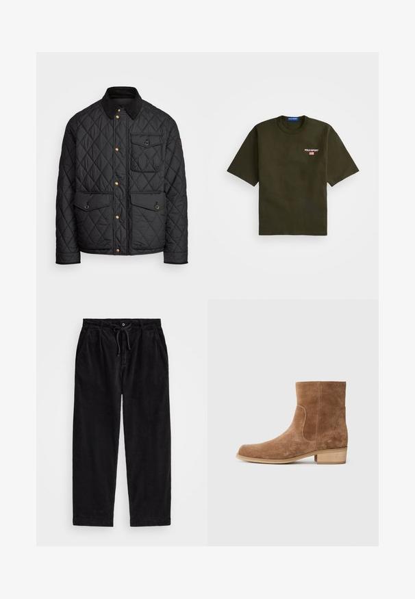 Must mustriga jakk, millel on sametkaelus, kuldsed nööbid, kaks eesmist taskut ja tasku vasakul küljel, millel on logotäht.; Olive rohelise värvusega lühikeste varrukatega T-särk, ümmarguse kaelusega, mille vasakul rinnal on tikitud "POLO SPORT" logo, millel on Ameerika lipu detail.; Mustreeritud mustad korduroypassid, millel on vabalt langev lõige, elastse vöökoha ja nööriga, ning küljetaskud. Kangas on ribakujuline.; Pruunist sametist ankle saapad, millel on veidi ümar varvas, madal puitkandiline konts, elastsed külgpaneelid ja sujuv õmblus vahekohtade mööda.