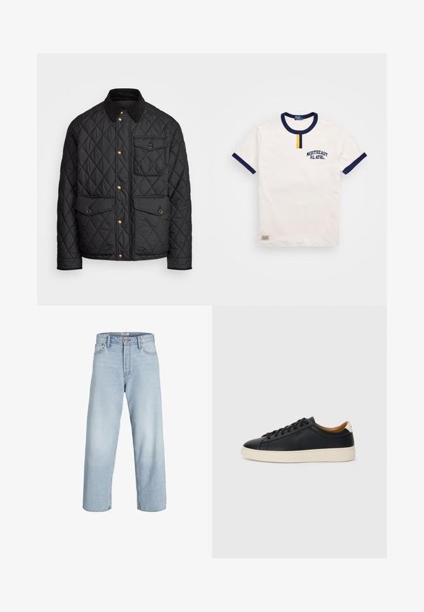 Melnā quiltota jaka ar velveteena apkakli, zeltītām spiedpogas, divām priekšējām kabatām un kabatu kreisajā pusē, ar logotipa uzlīmi.; Balta kokvilnas T-kreklu ar tumši zilu apaļu kakla izgriezumu un piedurkņu akcentiem. Iezīmē mazu dzeltenu pogu detaļu un izbordētu "NORTHEAST RL ATHL."; Gaišzilā džinsu bikses ar augstu jostasvietu, platu piegriezumu un taisnu griezumu. Iekļauta klasiskā pogu aizdare un piecu kabatu dizains.; Melni ādas sporta apavi ar gludu tekstūru, bēša krāsas gumijas zole, auklu aizdare un kontrastējošs papēža akcents.