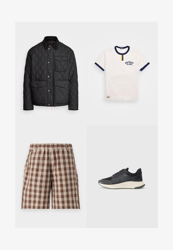 Chaqueta negra acolchada con cuello de pana, botones de presión dorados, dos bolsillos frontales y un bolsillo en el lado izquierdo, con un parche de logo.; Camiseta de algodón blanca con cuello redondo y acentos en las mangas de color azul marino. Presenta un pequeño detalle de botón amarillo y bordado "NORTHEAST RL ATHL."; Pantalones cortos de cuadros marrones con una cintura elástica, que presentan un patrón de cuadros beige claro y bolsillos laterales. Está hecho de un tejido ligero.; Zapatilla deportiva negra con parte superior de malla perforada, una entresuela texturizada en color crema y una suela de goma para mayor tracción.