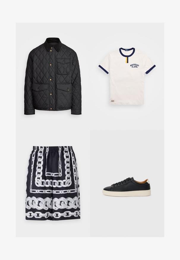 Black quilted jacket with a corduroy collar, gold snap buttons, two front pockets, and a pocket on the left side, featuring a logo patch.; White cotton t-shirt with navy blue round neckline and sleeve accents. Features a small yellow button detail and embroidered "NORTHEAST RL ATHL."; Black shorts featuring large silver chain patterns, with an elastic waistband and a loose fit, crafted from a smooth fabric.; Black leather sneakers with a smooth texture, beige rubber sole, lace-up design, and a contrasting heel accent.