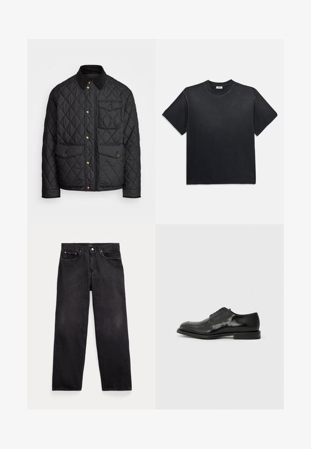 Jachetă neagră matlasată cu gulere din catifea, nasturi aurii, două buzunare frontale și un buzunar pe partea stângă, având un patch cu logo.; Tricou negru din bumbac, cu guler rotund și mâneci scurte. Prezintă o croială lejeră, o textură fină și un design minimalist.; Jeans din denim negru cu croială lejeră, având cinci buzunare, închidere cu nasture și estompare subtilă pe toată țesătura.; Pantofii de dressing din piele neagră, cu o finisare lustruită, vârf rotund, cinci orificii pentru șireturi și o talpă din cauciuc plată. Textură netedă cu accente minime.
