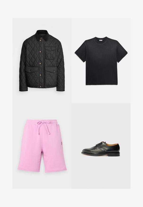 Zwarte gewatteerde jas met een corduroy kraag, gouden drukknoopsluitingen, twee voorzakken en een zak aan de linkerkant, voorzien van een logo patch.; Zwarte katoenen t-shirt met een ronde halslijn en korte mouwen. Heeft een ontspannen pasvorm, een gladde textuur en een minimalistisch ontwerp.; Roze katoenen shorts met een elastische tailleband en een verstelbaar trekkoord. Beschikt over een zijzak en een klein logo-detail.; Zwarte leren nette schoen met een gladde afwerking, ronde neus en minimale veters. Beschikt over een subtiel ontwerp en een lage, stevige rubberen zool.