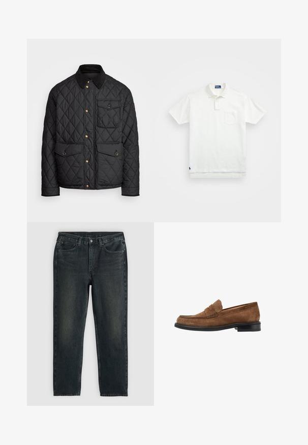 Black quilted jacket with a corduroy collar, gold snap buttons, two front pockets, and a pocket on the left side, featuring a logo patch.; White polo shirt made of cotton, featuring a classic collar, three-button placket, and a left chest pocket; small logo at the hem.; Dark blue denim jeans with a straight-leg cut, featuring five pockets, a zip fly, and contrasting stitching. Subtle fading on the fabric.; Brown suede loafer with a rounded toe design, stitched detailing on the upper, and a black rubber sole. Minimal brass accents.