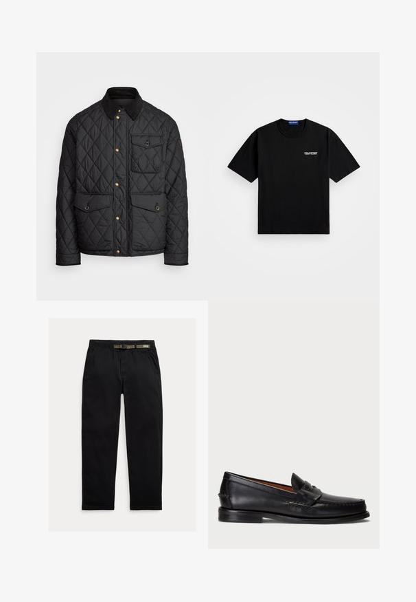 Casaco acolchoado preto com colarinho de veludo cotelê, botões de pressão dourados, dois bolsos frontais e um bolso no lado esquerdo, apresentando um patch de logotipo.; T-shirt de algodão preto com decote redondo e mangas curtas. Apresenta o logótipo "POLO SPORT" no lado esquerdo do peito em branco. Ajuste standard.; Calças pretas feitas de um tecido leve, com uma cintura elástica com um cinto verde integrado, corte reto e bolsos laterais.; Sapato de couro preto tipo loafer com bico arredondado, detalhes em costura e faixa decorativa na frente. Sola plana com perfil mínimo.