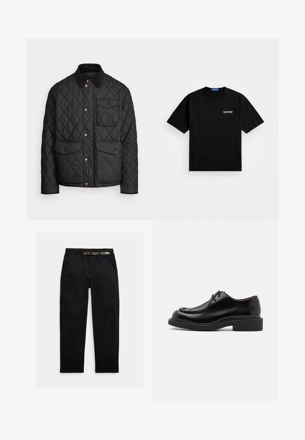 Must mustriga jakk, millel on sametkaelus, kuldsed nööbid, kaks eesmist taskut ja tasku vasakul küljel, millel on logotäht.; Must must t-särk ümmarguse kaeluse ja lühikeste varrukatega. Esiküljel vasakus rinnas on valge "POLO SPORT" logo. Standardsuurus.; Kergedest kootud mustad püksid, millel on elastne vöökoht, integreeritud roheline vöö, sirge jalgade lõige ja küljetaskud.; Must musta kingad ümarate varvastega, niiditud detailide ja minimaalsete paeltega, paksu kummist tallaga, mis tagab haardumise ja vastupidavuse.