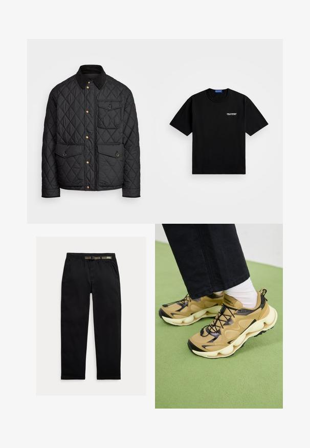 Schwarze gesteppte Jacke mit einem Cordkragen, goldenen Druckknöpfen, zwei Fronttaschen und einer Tasche auf der linken Seite, die ein Logopatch aufweist.; Schwarzes Baumwoll-T-Shirt mit Rundhalsausschnitt und kurzen Ärmeln. Mit "POLO SPORT"-Logo auf der linken Brust in Weiß. Normale Passform.; Schwarze Hose aus leichtem Material, mit einem elastischen Bund und einem integrierten grünen Gürtel, geradem Beinabschluss und seitlichen Taschen.; Tan und schwarze Sneakers mit Mesh-Obermaterial, klobiger weißer Sohle, schwarzen Schnürsenkeln und einer Schlaufe zum Anziehen. GORE-TEX-Logo auf der Seite sichtbar.
