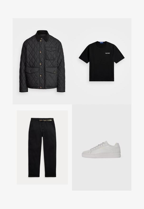 Jachetă neagră matlasată cu gulere din catifea, nasturi aurii, două buzunare frontale și un buzunar pe partea stângă, având un patch cu logo.; Tricou din bumbac negru cu guler rotund și mâneci scurte. Prezintă logo-ul "POLO SPORT" pe pieptul stâng, în alb. Croială standard.; Pantaloni negri dintr-un material ușor, cu un talie elastică și o curea verde integrată, croi drept și buzunare laterale.; Tenis gri deschis din piele cu o textură netedă, vârf rotund, talpă plană din cauciuc și șireturi tonale. Prezintă o marcă minimă în aur.