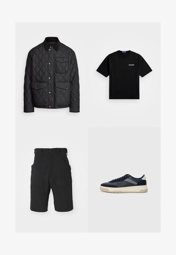 Black quilted jacket with a corduroy collar, gold snap buttons, two front pockets, and a pocket on the left side, featuring a logo patch.; Black cotton t-shirt with a round neckline and short sleeves. Features "POLO SPORT" logo on the left chest in white. Standard fit.; Black cargo shorts made of lightweight fabric featuring multiple pockets, a button closure, and a relaxed fit with a knee-length cut.; BOSS BALTIMORE - Trainers - open blue