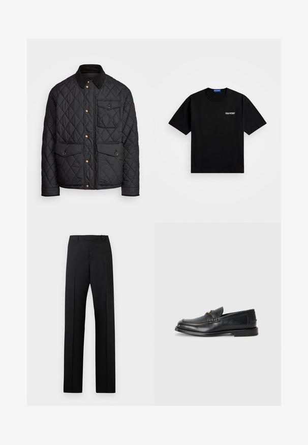 Čierna prešívaná bunda s kordovým golierom, zlatými cvokovými gombíkmi, dvoma prednými vreckami a vreckom na ľavej strane, so záplatou loga.; Čierne bavlnené tričko s okrúhlym výstrihom a krátkymi rukávmi. Na ľavej hrudi sa nachádza biele logo "POLO SPORT". Štandardný strih.; Čierne nohavice s vysokým pásom a rovnými nohavicami, s pútkami na opasok a vyžehlene vráskami, vystavené na bielom pozadí.; Čierne kožené mokasíny majú zaoblenú špičku, prešívané detaily a malý zlatý akcent na prednej strane. Podrážka je plochá a nenápadná.