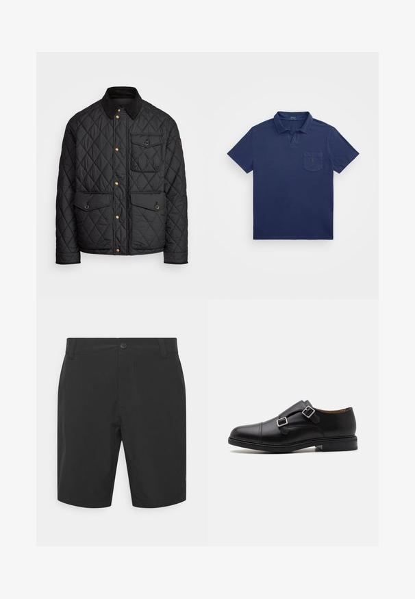 Juodas margintas paltas su kanapių apykakle, auksiniais spaudžiamais mygtukais, dviem priekinių didelėms kišenėms ir kišene kairėje pusėje, su logotipo etikete.; Tamsiai mėlynas polo marškinėliai su trumpu apykakle, krūtinės kišene ir siuvinėjimu. Pagaminti iš minkštos, tekstūruotos medžiagos.; Juodi šortai, pagaminti iš lengvos medžiagos, su mygtuko uždarymu, lygiai priekyje ir šoninėmis kišenėmis. Lygus paviršius ir ilgis virš kelių.; Juodos odinės batų suknelės su dviem sagtimis, apvaliu nosiu, subtiliu siuvinėjimu ir plokščiu, tekstūriniu guminio padu.
