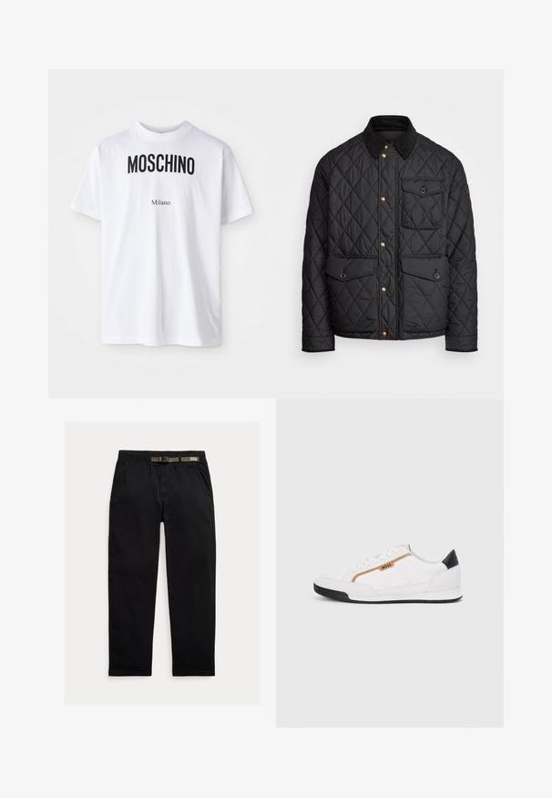 Must mustriga jakk, millel on sametkaelus, kuldsed nööbid, kaks eesmist taskut ja tasku vasakul küljel, millel on logotäht.; Valge puuvillane T-särk, millel on silmapaistvad mustad "MOSCHINO" tähed väiksema "Milano" teksti kohal. Klassikaline ümmargune kaelus ja lühikesed varrukad.; Kergedest kootud mustad püksid, millel on elastne vöökoht, integreeritud roheline vöö, sirge jalgade lõige ja küljetaskud.; Valged sportlikud jalatsid, millel on võrkkangas ja nahkdetailid. Omab kuldset "BOSS" logo, tekstureeritud külgpaneele ja musta kontsakaant. Kummist tallad.