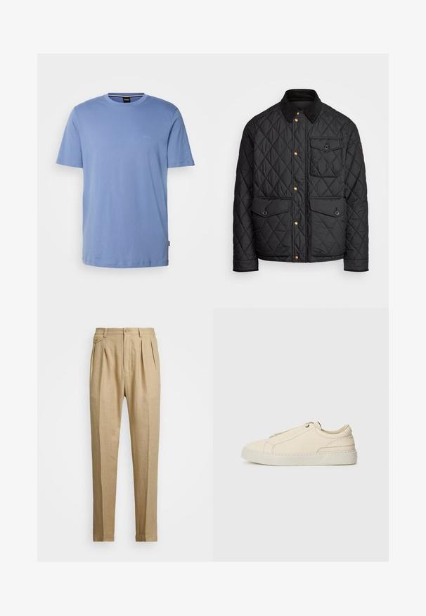 Juodas margintas paltas su kanapių apykakle, auksiniais spaudžiamais mygtukais, dviem priekinių didelėms kišenėms ir kišene kairėje pusėje, su logotipo etikete.; BOSS THOMPSON - Paprasti marškinėliai - open blue thirty; Bežinės lininės kelnės tiesaus kirpimo, turinčios dvi priekinės klostes, sagų užsegimą ir šonines kišenes. Tekstūruotas audinys su lygiu paviršiumi.; Kreminio odos sportbačiai su apvaliu nosiu, minimalistiniu dizainu, subtiliomis siuvimo detalėmis ir tekstūrine viršutine dalimi, ant šviesios pado.