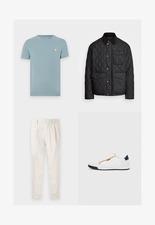 Melnā quiltota jaka ar velveteena apkakli, zeltītām spiedpogas, divām priekšējām kabatām un kabatu kreisajā pusē, ar logotipa uzlīmi.; Gaiši zils īsām piedurknēm T-krekls, kas izgatavots no mīksta kokvilnas. Uz kreisā krūts ir neliels trīsstūrveida logo sarkanā un baltā krāsā.; Baltas, pleitēts bikses ar piegriezumu, kas pielāgots figūrai, ar gludu tekstūru, jostas cilpām un sašaurinātiem galiem. Nav redzamu kabatu vai rakstu.; Baltijas krāsā baltas sporta kurpes ar acu un ādas akcentiem. Iezīmējas ar zelta "BOSS" logo, teksturētām sānu paneļiem un melnu papēža kapu. Gumijas zole.