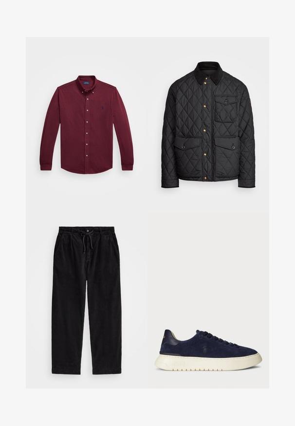 Črna prešita jakna s čimprijem ovratnikom, zlatimi gumbki, dvema sprednjima žepoma in enim žepom na levi strani, ki vsebuje žepno nalepko.; Burgundska srajca z dolgimi rokavi s kragnico, sprednjimi gumbi in majhnim temno modrim vezenim logotipom na levem prsnem delu.; Črne kord pants z udobnim krojem, ki imajo elastičen pas z vrvico in stranske žepke. Tkanina prikazuje rebrasto teksturo.; Mornarski semiš nizki športni čevelj z teksturirano površino, gumijastim podplatom in toniranimi vezalkami, z manjšim logotipom na strani in peti.