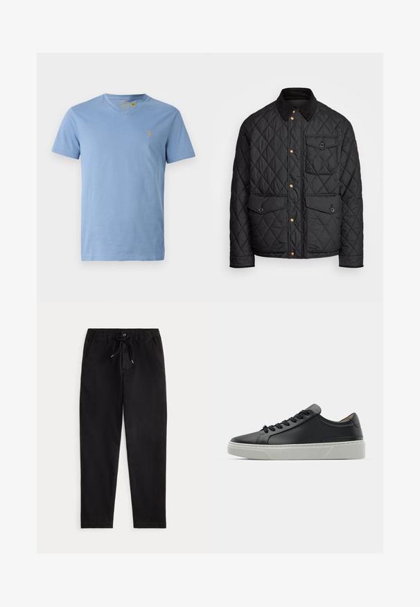Černá prošívaná bunda s kordovým límcem, zlatými patentkami, dvěma předními kapsami a jednou kapsou na levé straně, která obsahuje nášivku s logem.; Světle modré bavlněné tričko s výstřihem do V, krátkými rukávy a malým vyšívaným logem na levé hrudi. Hladká textura, uvolněný střih.; Černé volné kalhoty se elastickým pasem, tkaničkou, předním knoflíkem a bočními kapsami, vystavené na jednoduchém pozadí.; Černé kožené tenisky s hladkým povrchem, kulatou špičkou a černými šňůrkami. Disponují silnou bílou gumovou podrážkou s jemnými geometrickými akcenty.