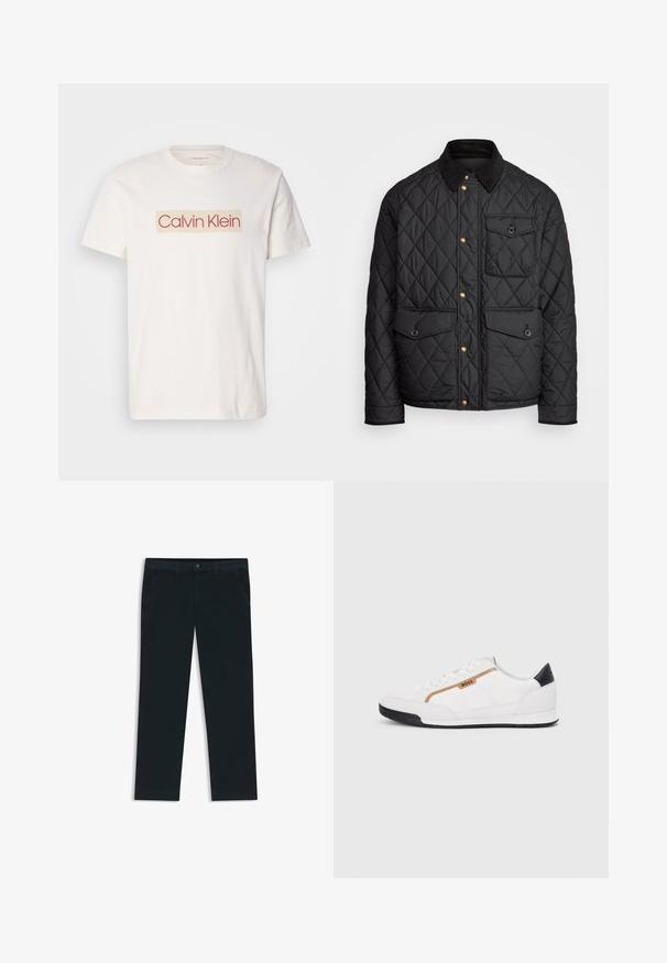 Schwarze gesteppte Jacke mit einem Cordkragen, goldenen Druckknöpfen, zwei Fronttaschen und einer Tasche auf der linken Seite, die ein Logopatch aufweist.; Weißes Baumwoll-T-Shirt mit einem quadratischen Logo, das "Calvin Klein" in Rot und Beige zeigt. Kurze Ärmel und ein Rundhalsausschnitt.; Dunkelblaue Chinos aus einer Baumwollmischung. Merkmale sind Gürtelschlaufen, Vordertaschen und ein Reißverschluss mit Knopfverschluss.; Weiße Sportschuhe mit Mesh- und Lederelementen. Ausgestattet mit einem goldenen "BOSS"-Logo, strukturierten Seitenpaneelen und einer schwarzen Fersenkappe. Gummisohle.