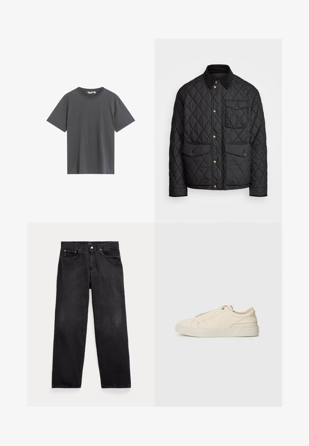 Sort quiltet jakke med en corduroy krave, guld trykknapper, to frontlommer og en lomme på venstre side, udstyret med et logo patch.; Grå t-shirt lavet af blødt bomuld, med en klassisk rund hals, korte ærmer og en afslappet pasform uden synlige mønstre eller detaljer.; Sorte denim jeans med en afslappet pasform, der har fem lommer, en knapgylp og diskret falmning i hele stoffet.; Beige lædersneaker med rund tå, minimalistisk design, diskrete syninger og en struktureret overflade, på en lys sål.