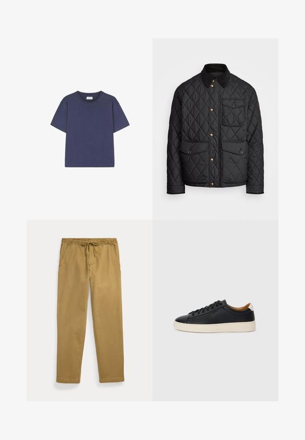 Sort quiltet jakke med en corduroy krave, guld trykknapper, to frontlommer og en lomme på venstre side, udstyret med et logo patch.; Mørkeblå kortærmet t-shirt lavet af bomuld. Har en rund halsudskæring og en afslappet pasform. Glat tekstur uden synlige mønstre eller accenter.; Khaki lige ben bukser med elastisk talje og front snøre, med skrå forlommer og stikkede sømme.; Sorte lædersneakers med en glat overflade, beige gummisål, snørebåndsdesign og en kontrastfarvet hæl.