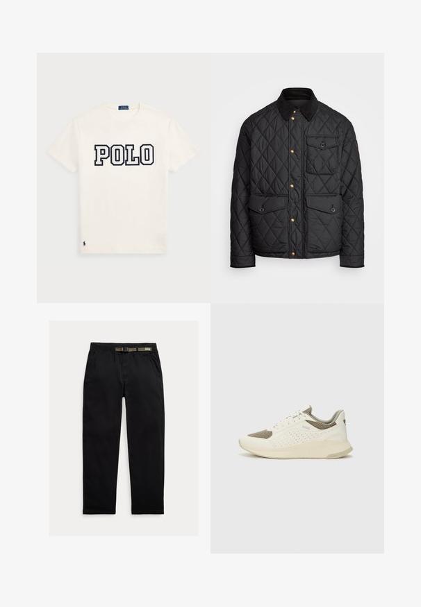 Černá prošívaná bunda s kordovým límcem, zlatými patentkami, dvěma předními kapsami a jednou kapsou na levé straně, která obsahuje nášivku s logem.; Bílý bavlněný tričko s velkým nápisem "POLO" na hrudi v námořnické modré barvě a malým námořnickým logem na lemu. Klasický design s kulatým výstřihem.; Černé kalhoty vyrobené z lehkého materiálu, s elastickým pasem a integrovaným zeleným páskem, rovného střihu a bočními kapsami.; Bílé a světle béžové atletické tenisky, které mají síťovaný svršek, perforované detaily a texturovanou mezipodešev s logem na patě.