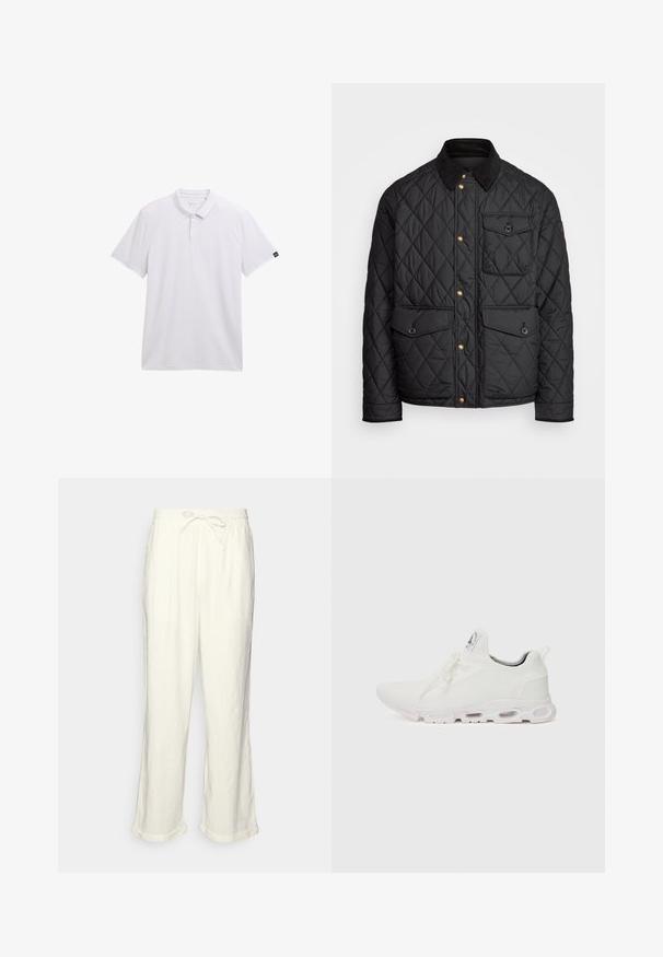 Svart quiltad jacka med en kordflöjelskrage, gyllene tryckknappar, två framfickor och en ficka på vänster sida, försedd med en logotypapplikation.; Vit polo skjorta av mjukt tyg, med klassisk krage, knappslå med tre knappar, korta ärmar och en liten logotypdetalj på ärmen.; Linnenbyxor i off-white med dragsko i midjan, något vida ben och uppvikta muddar för en avslappnad passform. Inga fickor.; Vitaidande sportskor i vitt med en texturerad stickad ovandel, platta snören och en vadderad sula med synliga luftkammare för extra stöd.