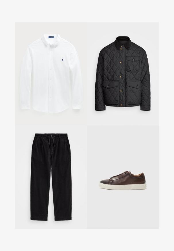 Zwarte gewatteerde jas met een corduroy kraag, gouden drukknoopsluitingen, twee voorzakken en een zak aan de linkerkant, voorzien van een logo patch.; Witte langetermijn shirt van katoen, met een button-down kraag en een klein blauw polo logo op de borst. Soepele textuur, klassieke pasvorm.; Zwarte corduroy broek met een relaxte pasvorm, voorzien van een elastische tailleband met een koord, en zijzakken. De stof vertoont een ribbelstructuur.; Bruine leren sneaker met een ronde neus, contrasterende witte rubberen zool, gestikte accenten en geen zichtbare veters. Over het algemeen een gladde textuur.