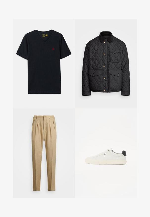 Svart quiltad jacka med en kordflöjelskrage, gyllene tryckknappar, två framfickor och en ficka på vänster sida, försedd med en logotypapplikation.; Svart bomull V-ringad T-shirt med korta ärmar och en liten röd broderad logotyp på vänster bröst. Mjuk textur, avslappnad passform.; Beiga linnbyxor med rak passform, med två framveck, knappstängning och sidofickor. Strukturerad tyg med en mjuk yta.; Vita lädersneakers med en texturerad yta, featuring en svart hälkappa, rund tå och logotyp på sidan i svart. Lätt gummisul.