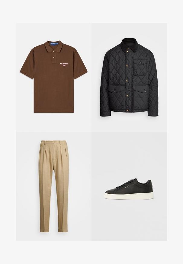 Casaco acolchoado preto com colarinho de veludo cotelê, botões de pressão dourados, dois bolsos frontais e um bolso no lado esquerdo, apresentando um patch de logotipo.; Polo de manga curta castanho com duas casas, logótipo Polo Sport Ralph Lauren e pequeno bordado da bandeira americana no peito.; Calças de linho bege com corte reto, apresentando dois plissados frontais, fecho com botão e bolsos laterais. Tecido texturizado com um acabamento suave.; Ténis de couro preto com sola de borracha branca, atacadores planos e detalhe de marca lateral. Textura lisa e design com biqueira arredondada.
