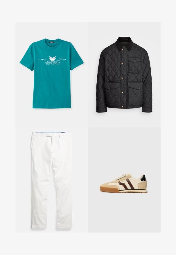Juodas margintas paltas su kanapių apykakle, auksiniais spaudžiamais mygtukais, dviem priekinių didelėms kišenėms ir kišene kairėje pusėje, su logotipo etikete.; Žydras medvilninis marškinėliai su apvaliu kaklu, trumpomis rankovėmis ir baltu spaudu, kuriame yra "VERSACE" ir dekoratyvi ugnies motyvas.; Baltos medvilninės chino kelnės su lygia priekiu, diržo kilpomis, šoninėmis kišenėmis ir švelniu paviršiumi, su mėlynu vidiniu juosmens ruožu.; GANT BAYLLE - Sportbačiai - sand
