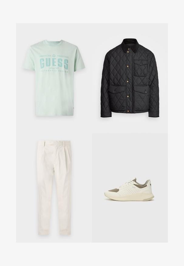 Černá prošívaná bunda s kordovým límcem, zlatými patentkami, dvěma předními kapsami a jednou kapsou na levé straně, která obsahuje nášivku s logem.; Světle mátová trička vyrobená z bavlny. Má kulatý výstřih, krátké rukávy a přední grafický text: "GUESS AMERICAN TRADITION SINCE 1981."; Bílé, plisované kalhoty s upraveným střihem, které mají hladkou texturu, poutka na opasek a zúžené nohavice. Bez viditelných kapes nebo vzorů.; Bílé a světle béžové atletické tenisky, které mají síťovaný svršek, perforované detaily a texturovanou mezipodešev s logem na patě.