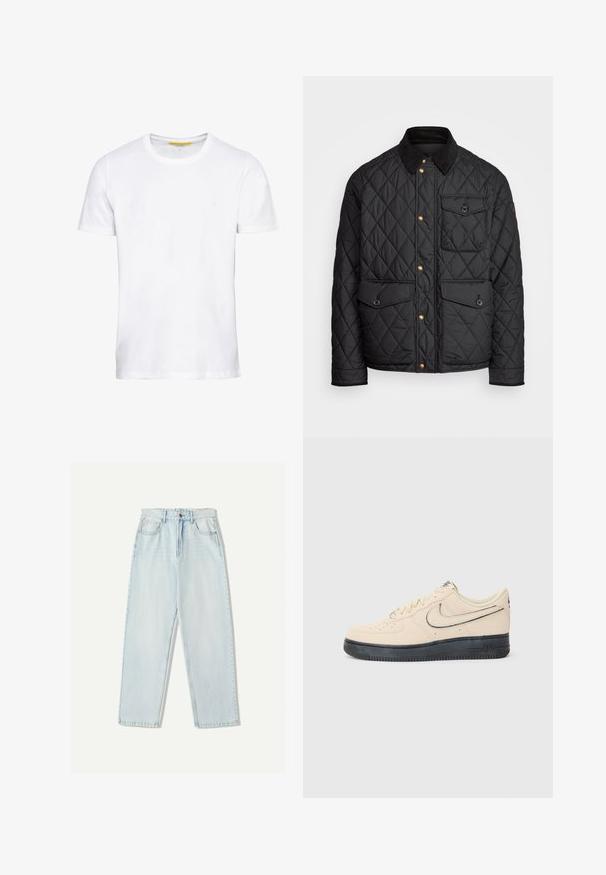 Czarna pikowana kurtka z kołnierzem z sztruksu, złotymi zatrzaskami, dwoma przednimi kieszeniami oraz kieszenią po lewej stronie, z naszywką z logo.; Biała koszulka z krótkim rękawem wykonana z bawełny, z okrągłym dekoltem, prostym krojem i małym logo na przodzie.; Jasnoniebieskie dżinsy o luźnym kroju, prostych nogawkach, pięcioma kieszeniami oraz delikatnym wyblaknięciem materiału.; Beżowe zamszowe sneakersy Nike Air Force 1 z czarną gumową podeszwą, przeszyciami, perforowanym noskiem i wyraźnym logo swoosh.
