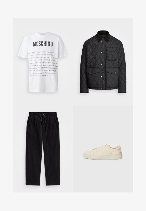 Černá prošívaná bunda s kordovým límcem, zlatými patentkami, dvěma předními kapsami a jednou kapsou na levé straně, která obsahuje nášivku s logem.; Bílý tričko s krátkým rukávem se výrazným černým logem "MOSCHINO" a italským textem vytištěným v různých stylech na přední straně. Standardní střih.; Černé kordové kalhoty s volným střihem, vybavené elastickým pasem se šňůrkou a bočními kapsami. Tkanina má jemně rýhovanou strukturu.; Krémové kožené tenisky s kulatou špičkou, minimalistickým designem, jemnými švy a texturovaným svrškem, na světlé podrážce.