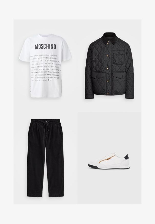 Casaco acolchoado preto com colarinho de veludo cotelê, botões de pressão dourados, dois bolsos frontais e um bolso no lado esquerdo, apresentando um patch de logotipo.; Camiseta de manga curta branca com o logótipo em negrito preto "MOSCHINO" e texto italiano impresso em vários estilos na frente. Corte standard.; Calças de veludo cotelê pretas com um ajuste relaxado, apresentando uma cintura elástica com cordão e bolsos laterais. O tecido apresenta uma textura canalizada.; Tênis atléticos brancos com detalhes em malha e couro. Apresenta um logotipo dourado "BOSS", painéis laterais texturizados e um capô de calcanhar preto. Sola em borracha.
