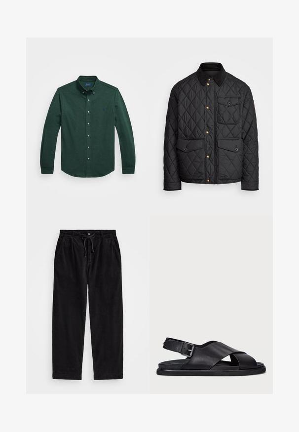 Juodas margintas paltas su kanapių apykakle, auksiniais spaudžiamais mygtukais, dviem priekinių didelėms kišenėms ir kišene kairėje pusėje, su logotipo etikete.; Tamsiai žalia ilgomis rankovėmis mygtukais užsegama marškiniai su užsegamu apykakle ir mažuoju išsiuvinėtu logotipu kairėje krūtinės pusėje ant balto fono.; Juodo kanapinio audinio kelnių modelis, turintis laisvą siluetą, su elastingu juosmeniu ir raiščiu, bei šoninėmis kišenėmis. Audinys turi išilginę tekstūrą.; Polo Ralph Lauren ZANE LEATHER SANDAL - Sandalai - black