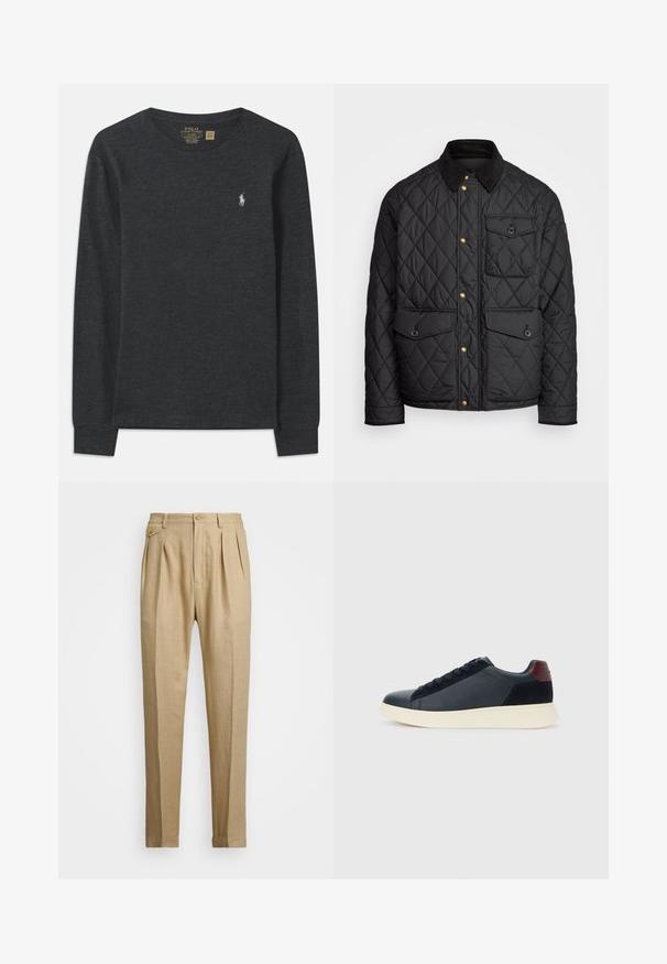 Fekete steppelt dzseki corduroy gallérral, arany snap gombokkal, két elülső zsebbel és egy bal oldali zsebbel, logó jelvénnyel.; Sötét szürke, hosszú ujjú pamut póló. Kerek nyakkivágással és egy kis hímzett logóval rendelkezik a bal mellrészen. Puha tapintású.; Beige vászon nadrág egyenes szabással, két első redővel, gombos záródással és oldalzsebekkel. Tömör textúrájú anyag sima felülettel.; Fekete bőr és velúr alacsony szárú férfi sneaker, bordó sarokpanellel és fehér gumi talppal, oldalnézetből.