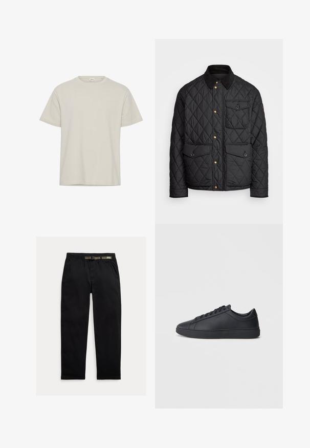 Black quilted jacket with a corduroy collar, gold snap buttons, two front pockets, and a pocket on the left side, featuring a logo patch.; Light beige short-sleeve t-shirt made of soft fabric. Round neckline, loose fit, with a plain design and no visible patterns or accents.; Black pants made of lightweight fabric, featuring an elastic waistband with an integrated green belt, straight-leg cut, and side pockets.; Black sneakers made of smooth leather with a low-top design, round toe, and flat rubber sole. Features laces and subtle branding.