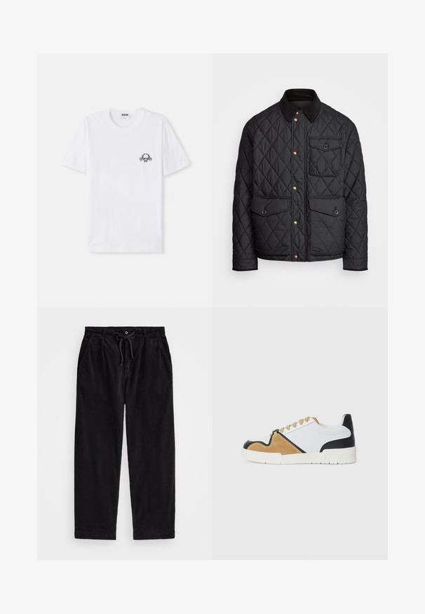 Črna prešita jakna s čimprijem ovratnikom, zlatimi gumbki, dvema sprednjima žepoma in enim žepom na levi strani, ki vsebuje žepno nalepko.; Bela bombažna majica s kratkimi rokavi z majhnim črnim rakom in dekorativnimi elementi na prsih. Ima okroglo ovratnico.; Črne kord pants z udobnim krojem, ki imajo elastičen pas z vrvico in stranske žepke. Tkanina prikazuje rebrasto teksturo.; Tenisice izdelane iz bele tekstila s svetlo rjavim semišem in črnimi usnjenimi detajli, z zaobljenim prstom, ravnim vezalnim dizajnom in teksturirano podplat.