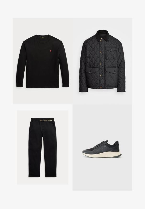 Veste noire matelassée avec un col en velours côtelé, des boutons-pression dorés, deux poches avant et une poche sur le côté gauche, avec un patch logo.; T-shirt noir à manches longues en coton. Il possède un col rond, des poignets côtelés et un petit logo rouge brodé sur la poitrine. Texture lisse.; Pantalon noir en tissu léger, avec une taille élastique intégrant une ceinture verte, coupe droite et poches latérales.; Sneaker de sport noir avec une tige en mesh perforé, une semelle intermédiaire texturée crème et une semelle extérieure en caoutchouc pour une traction optimale.