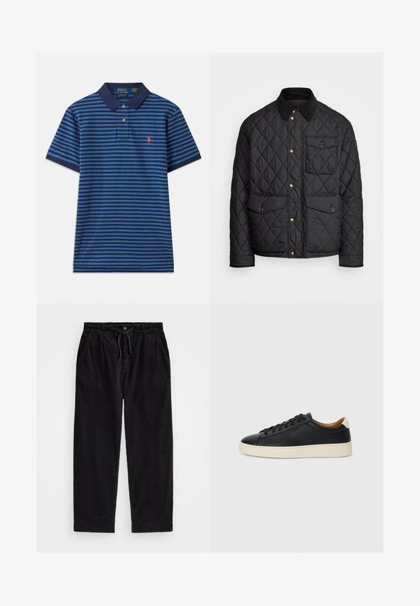Casaco acolchoado preto com colarinho de veludo cotelê, botões de pressão dourados, dois bolsos frontais e um bolso no lado esquerdo, apresentando um patch de logotipo.; Camisa de polo às riscas em tons de azul com colarinho azul escuro. Apresenta mangas curtas e um pequeno logótipo vermelho no lado esquerdo do peito. Tecido leve.; Calças de veludo cotelê pretas com um ajuste relaxado, apresentando uma cintura elástica com cordão e bolsos laterais. O tecido apresenta uma textura canalizada.; Tenis de couro preto com uma textura suave, sola de borracha bege, design de atar e um destaque no calcanhar em contraste.