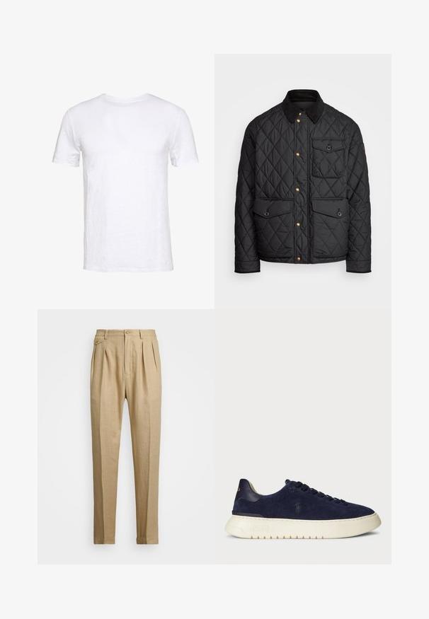 Chaqueta negra acolchada con cuello de pana, botones de presión dorados, dos bolsillos frontales y un bolsillo en el lado izquierdo, con un parche de logo.; Camiseta blanca de manga corta hecha de algodón suave, con cuello redondo, diseño liso y corte recto, adecuada para uso casual.; Pantalones de lino beige con corte recto, con dos pliegues frontales, cierre de botón y bolsillos laterales. Tejido texturizado con un acabado suave.; Zapatilla baja de ante azul marino con una superficie texturada, suela de goma y cordones tonales, que presenta un pequeño logotipo en el lateral y en el talón.