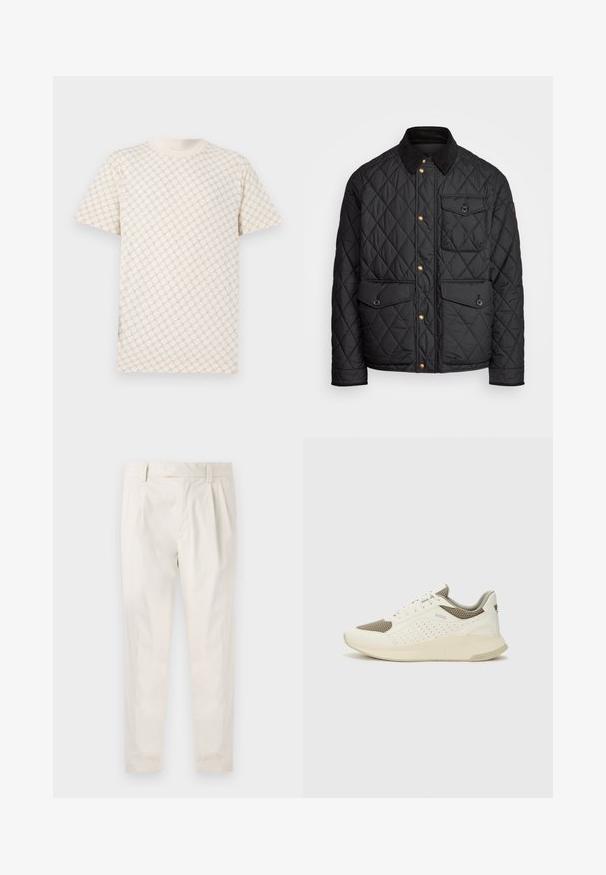 Must mustriga jakk, millel on sametkaelus, kuldsed nööbid, kaks eesmist taskut ja tasku vasakul küljel, millel on logotäht.; Kergelt beež lühikeste varrukate ja ümarate kaelustega T-särk, millel on tekstuuritud mustrihulk üksteisega kattuvatest ringidest. Pehme kangas ja tavaline lõige.; Valged volditud püksid, mis on kohandatud sobivusega, sujuva tekstuuriga, vööloopidega ja kitsenevate jalgadega. Pole nähtavaid taskuid ega mustreid.; Valge ja heledat beeži värvi spordijalats, millel on õhuke võrkmaterjal, perforatsioonidega detailid ning tekstuuriga vahetald, millel on brändi logo kannaosas.