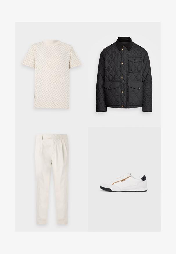 Juodas margintas paltas su kanapių apykakle, auksiniais spaudžiamais mygtukais, dviem priekinių didelėms kišenėms ir kišene kairėje pusėje, su logotipo etikete.; Šviesiai smėlinės spalvos trumpomis rankovėmis marškinėliai su tekstūruota persidengiančių apskritimų raštu. Minkšta medžiaga, apvalia iškirpte ir įprastu siluetu.; Balti, susiūtos kelnes, turinčios pritaikytą siluetą, pasižyminčias lygia tekstūra, dirželio kilpomis ir siaurėjančiomis kojomis. Nėra matomų kišenių ar raštų.; Balti sportiniai bateliai su tinklinėmis ir odinėmis detalėmis. Yra auksinė "BOSS" logotipas, tekstūruoti šonai ir juodas kulno dangtelis. Guminis padas.