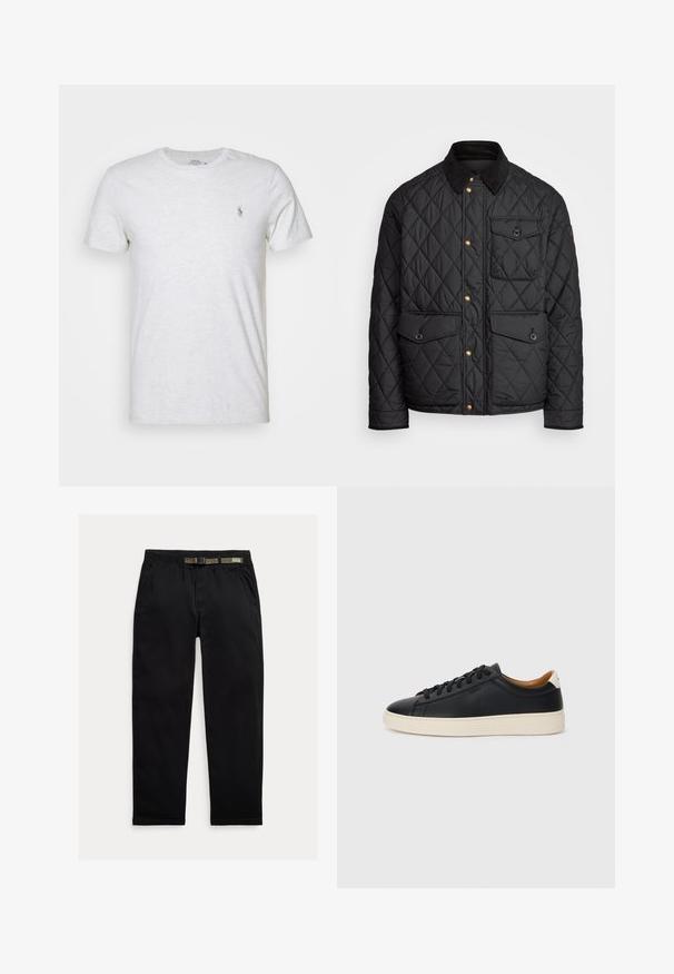 Czarna pikowana kurtka z kołnierzem z sztruksu, złotymi zatrzaskami, dwoma przednimi kieszeniami oraz kieszenią po lewej stronie, z naszywką z logo.; Jasnoszara bawełniana koszulka z okrągłym dekoltem i krótkimi rękawami. Posiada małe, haftowane logo po lewej stronie klatki piersiowej. Miękka w dotyku.; Czarne spodnie wykonane z lekkiego materiału, z elastycznym paskiem wbudowanym w zielony pas, prostą nogawką oraz bocznymi kieszeniami.; Czarne skórzane trampki o gładkiej fakturze, jasnobrązowa gumowa podeszwa, sznurowana konstrukcja i kontrastujący akcent na pięcie.